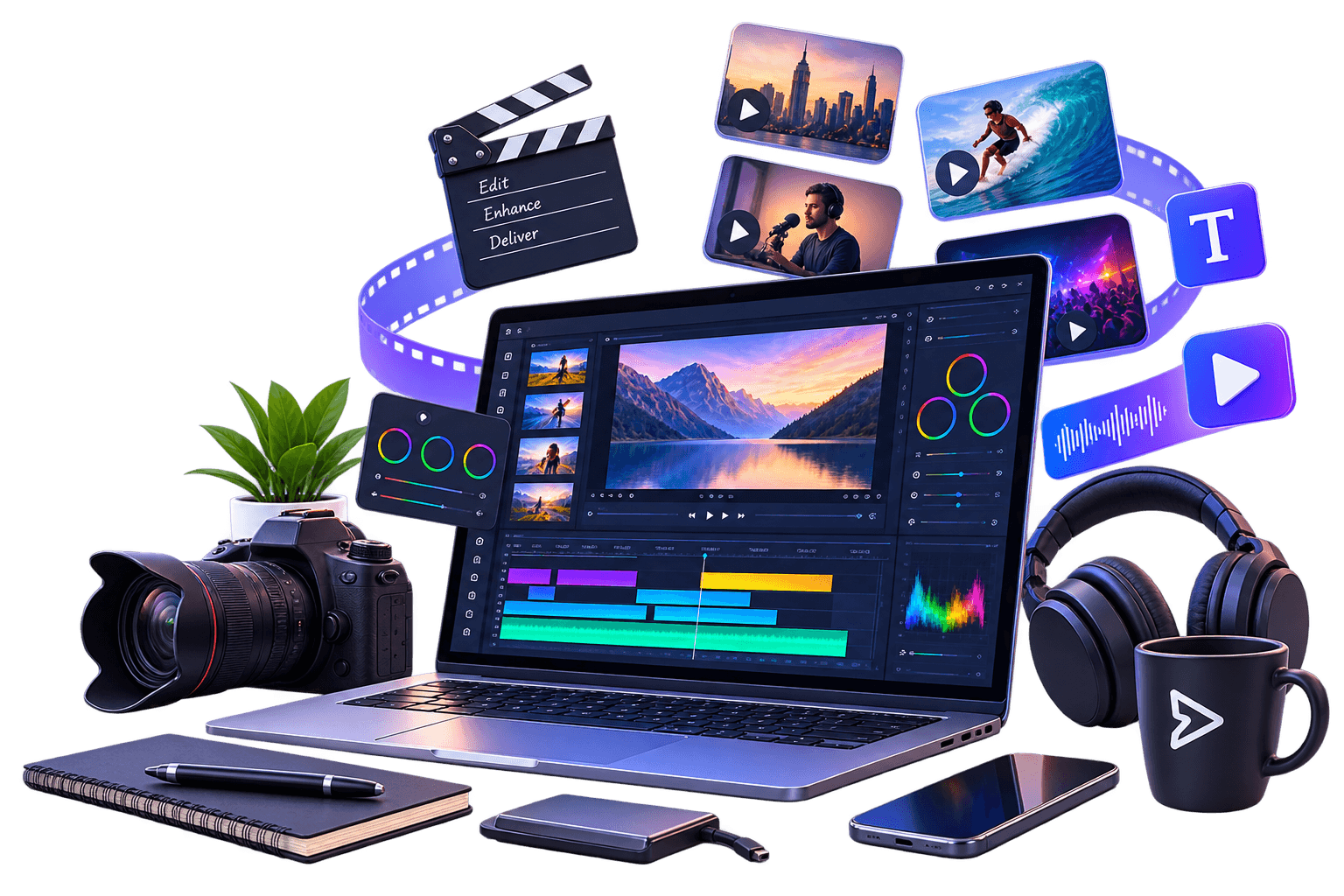 A laptop showing a video editing timeline, next to a camera, headphones, and clips ready for social platforms